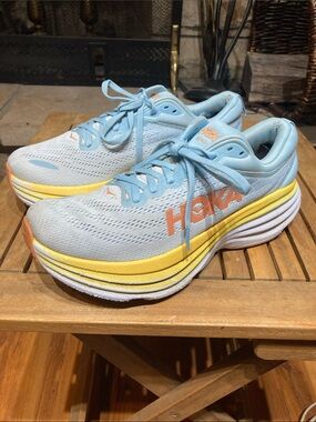 Hoka Women’s Bondi 8 Chunky Running Sneakers in Light Blue and Yellow Size 9.5B